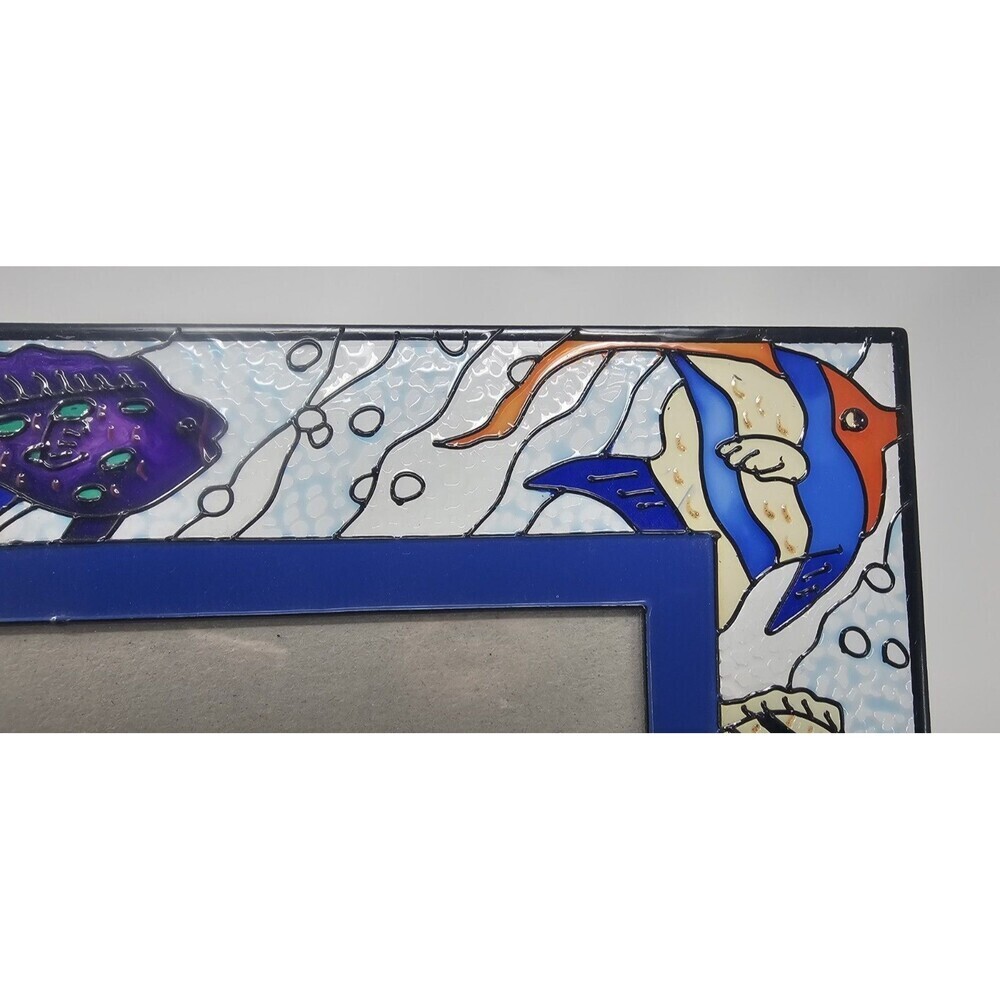 Vintage FIGI Hand Painted Fish Scene  Stained Glass Frame For 4x6 Photo - Picture 3 of 12